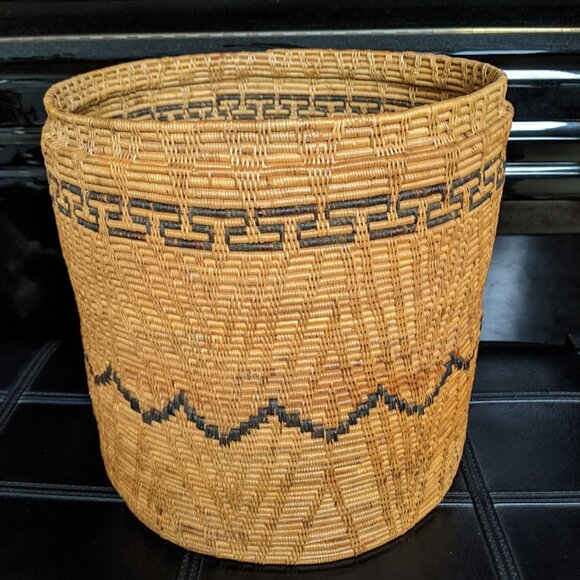 Hand Woven Rattan Lombok Indonesian Storage Basket w/ Geometric Design 11.5